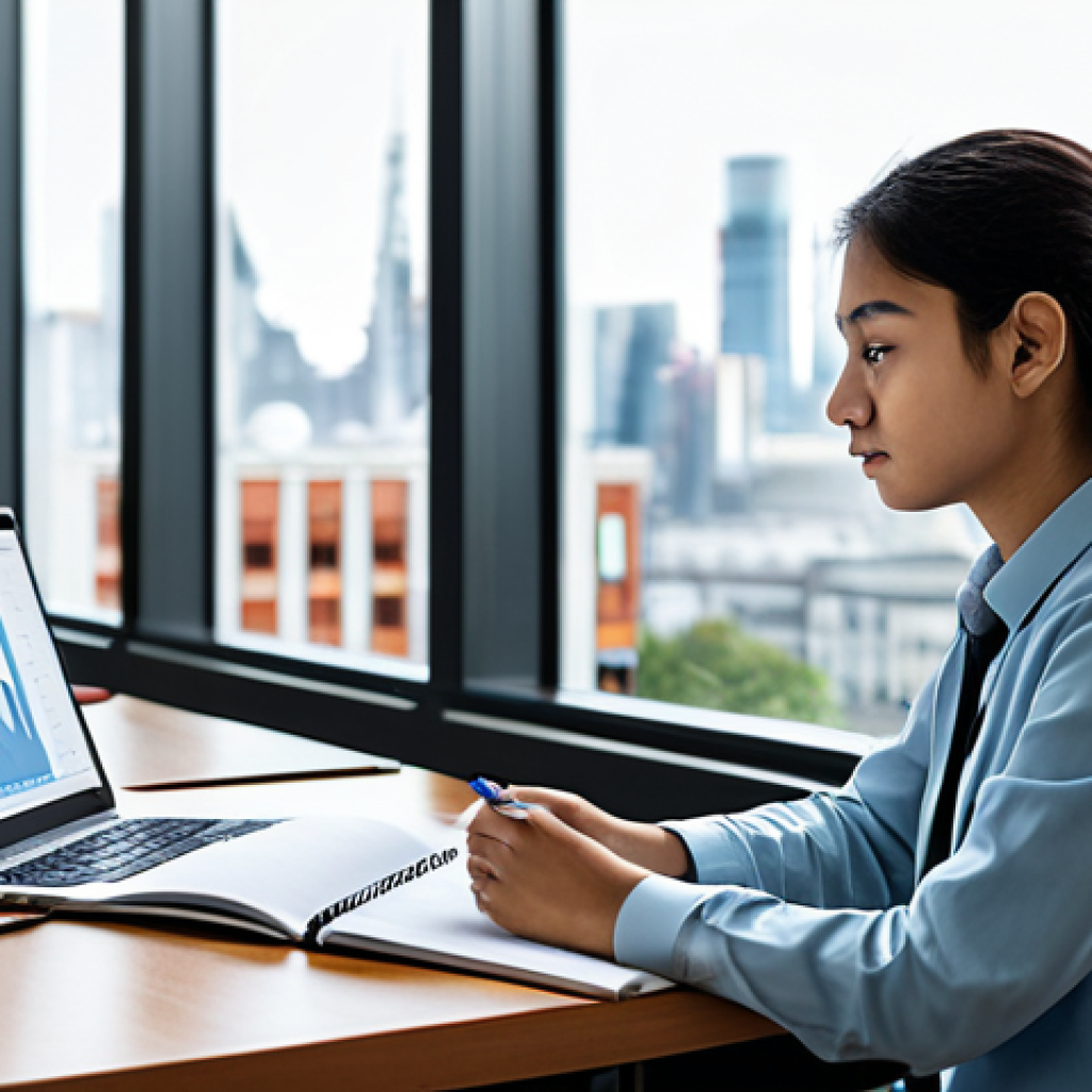 A focused young student, fully clothed in modest, appropriate professional attire, diligently studying for an environmental health engineering exam. The student is seated at a clean, well-lit desk in a modern study room. Books on environmental science, engineering, and sustainable development are neatly stacked, alongside open notebooks and a laptop displaying complex environmental data visualizations. A window in the background offers a subtle, clean urban cityscape view, hinting at real-world challenges. The pose is natural and contemplative, emphasizing deep concentration. Perfect anatomy, correct proportions, natural body proportions, well-formed hands, proper finger count. Professional photography, high quality, realistic, safe for work, appropriate content, family-friendly.