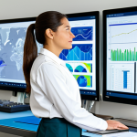 A professional female environmental scientist in a modest business casual outfit, fully clothed, appropriate attire, standing confidently in a modern, brightly lit environmental research lab. She is looking at a large digital screen displaying complex environmental data visualizations, such as climate models and resource management graphs. Her posture is natural, with perfect anatomy and correct proportions. The lab features state-of-the-art equipment and a clean, organized workspace. The scene emphasizes innovation and dedicated research, safe for work, appropriate content, professional, family-friendly, well-formed hands, proper finger count, natural body proportions, high-quality professional photography.