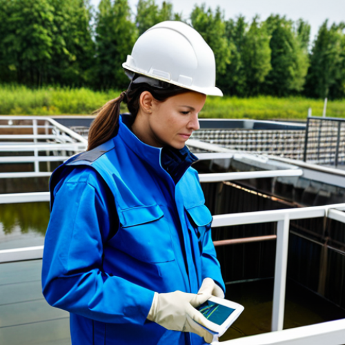 Home 28 A professional environmental health technician, fully clothed in a modest, appropriate uniform with a safety vest and work pants, meticulously inspecting water quality at a monitoring station in a bustling but well-managed industrial park. The technician is focused on a modern water testing device, with a distant, clean-looking factory building in the background. The scene highlights environmental monitoring and safety. Perfect anatomy, correct proportions, natural pose, well-formed hands, proper finger count, natural body proportions, professional photography, high quality, safe for work, appropriate content, fully clothed, professional.