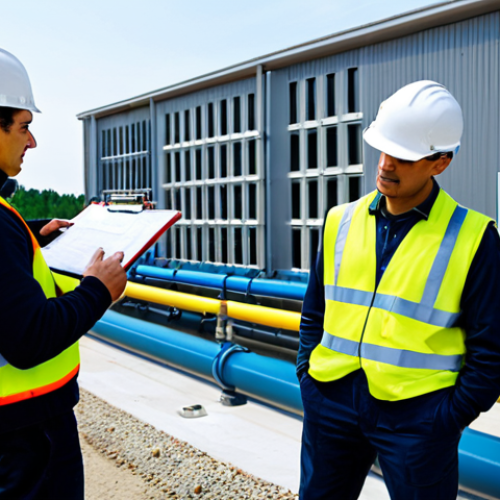 Home 25 **
A team of environmental engineers in appropriate attire, fully clothed, inspecting a water treatment plant. The background shows a modern facility with pipes, filters, and control panels. Include elements like: clipboards, safety vests, and hard hats. The scene should be professional, well-lit, and show collaboration. Perfect anatomy, correct proportions, natural pose, high quality, safe for work, appropriate content, modest, family-friendly.
**