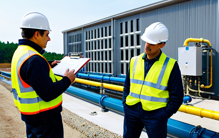**

A team of environmental engineers in appropriate attire, fully clothed, inspecting a water treatment plant. The background shows a modern facility with pipes, filters, and control panels. Include elements like: clipboards, safety vests, and hard hats. The scene should be professional, well-lit, and show collaboration. Perfect anatomy, correct proportions, natural pose, high quality, safe for work, appropriate content, modest, family-friendly.

**