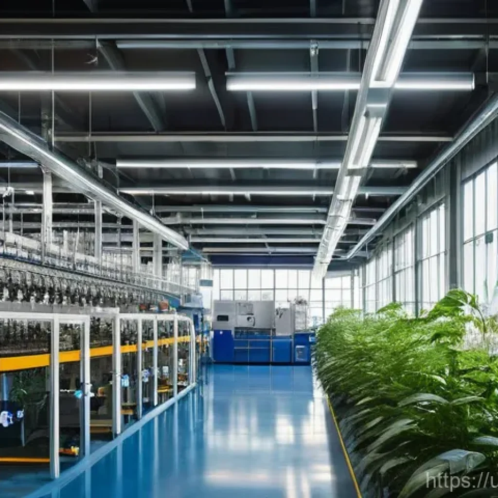 환경 관련 자격증 중요성 - **Prompt: "A bustling, modern factory interior in an urban Pakistani setting. Sunlight streams throu...