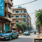 환경기사 필기시험 출제 경향 - A detailed urban environmental monitoring scene in Karachi, Pakistan, featuring smart sensors instal...