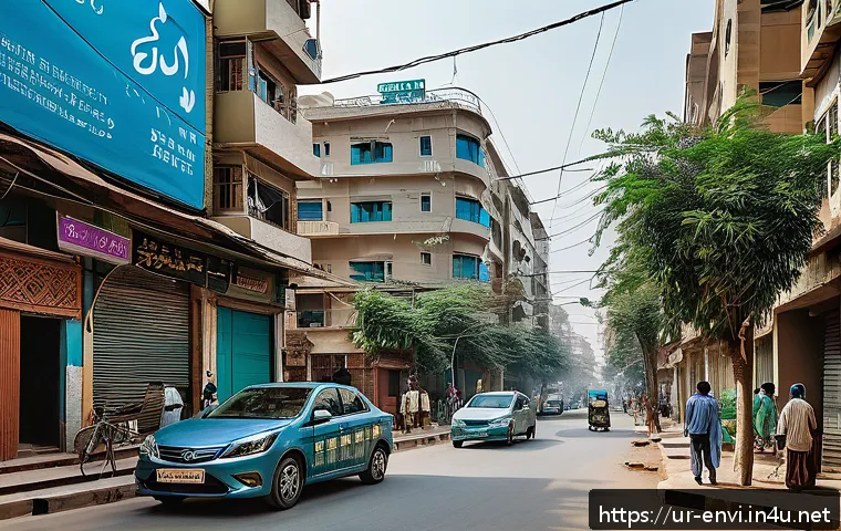 환경기사 필기시험 출제 경향 - A detailed urban environmental monitoring scene in Karachi, Pakistan, featuring smart sensors instal...