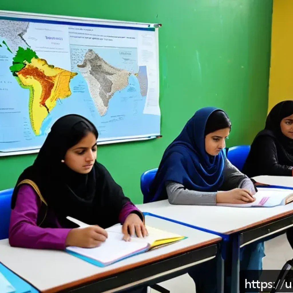 환경보건 자격증 시험 전략 - A detailed classroom scene in Pakistan where a diverse group of university students is attentively s...