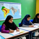 환경보건 자격증 시험 전략 - A detailed classroom scene in Pakistan where a diverse group of university students is attentively s...