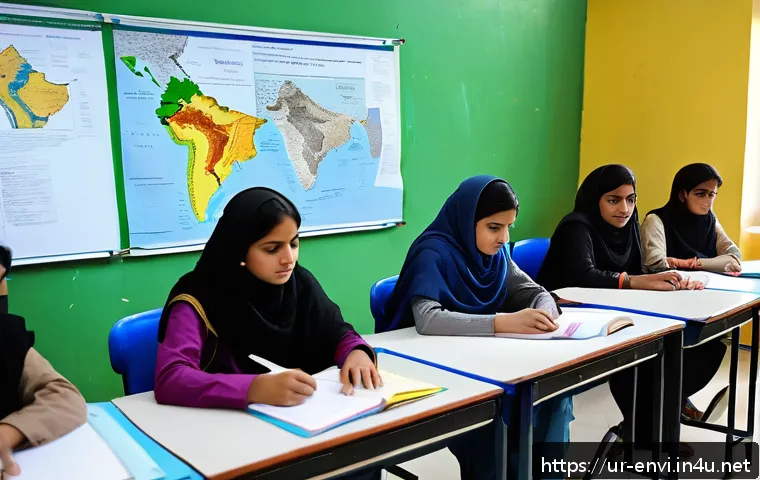 환경보건 자격증 시험 전략 - A detailed classroom scene in Pakistan where a diverse group of university students is attentively s...