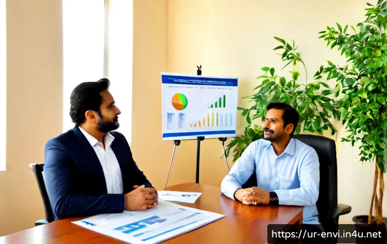 Home 15 환경 관련 연봉 협상 팁 - Photorealistic salary negotiation meeting in a modern sustainable office in Lahore, Pakistani enviro...